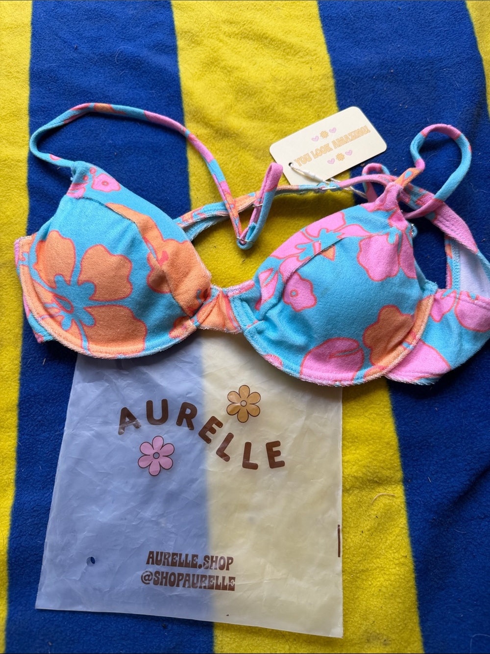Aurelle Blue Pink Orange Floral Bikini Top